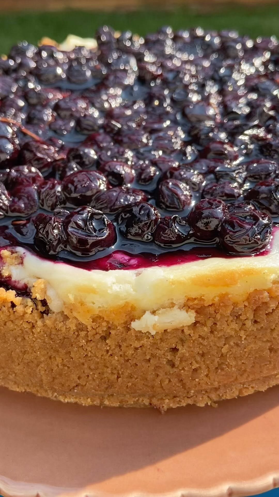 Slice of blueberry cheesecake on a marble counter
